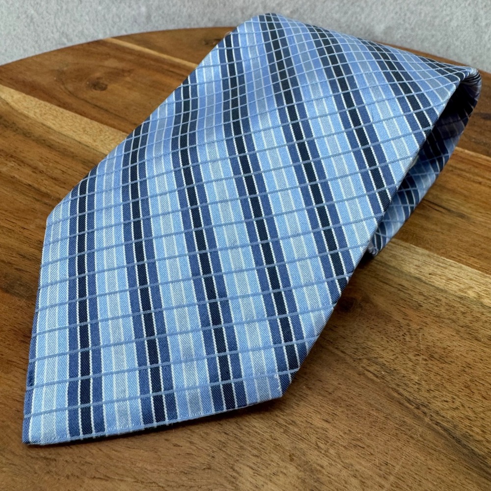 Perry Ellis Portfolio Men's Silk Necktie Blue‎ Grid Plaid 100% Business Classic